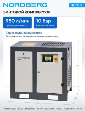 Компрессор винтовой, 7,5 кВт, 10 бар, 950 л/мин, без ресивера NCN10