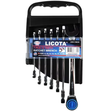 Набор ключей трещоточных комбинированных 72 зуба 8-19 мм, 7 предметов на пластиковом держателе Licota ARW-11MK06